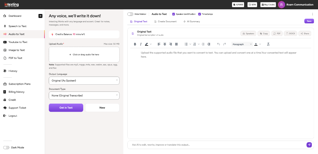 Intexting Audio to Text Application Interface
