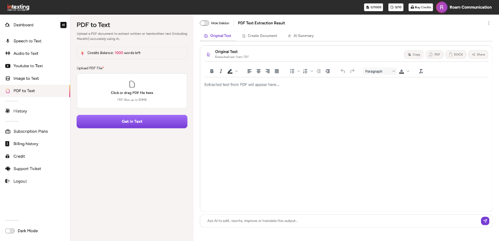 Intexting PDF to Text Application Interface