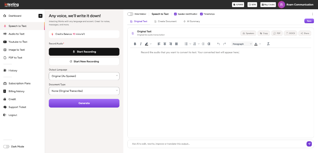 Intexting Speech to Text Live Application Interface