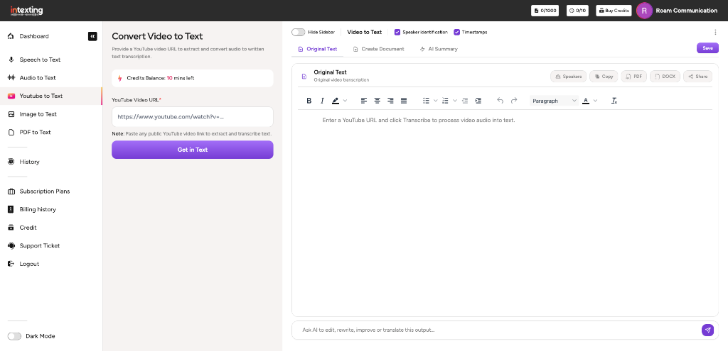 Intexting Youtube to Text Application Interface